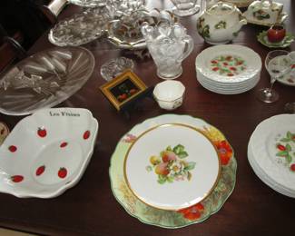 Lot's of vintage china and crystal.....many strawberries