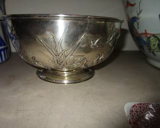 Luen Wo Sterling bowl w/water fowl decoration.