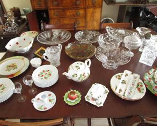 Lot's of vintage china and crystal.....many strawberries
