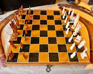 Vtg. Hand carved Chinese chess set