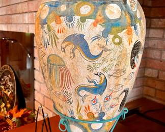 Large Minoan Art Pottery Vase Amphora w/handles and  stand 