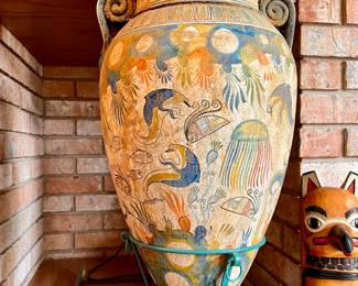 Large Minoan Art Pottery Vase Amphora w/handles and  stand 