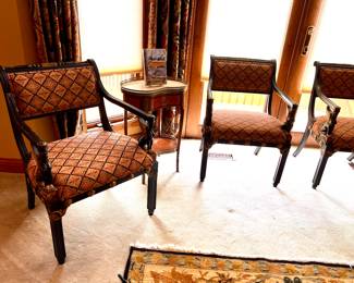 2 of 4 Matching Empire chairs w/Female Griffin on each arm and Matching set of French Louis XV style side tables w/brass trim & kidney shaped marble top