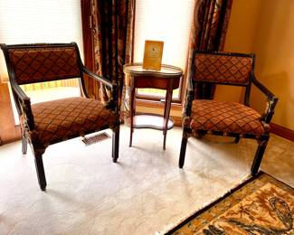 2 of 4 Matching Empire chairs w/Female Griffin on each arm and Matching set of French Louis XV style side tables w/brass trim & kidney shaped marble top