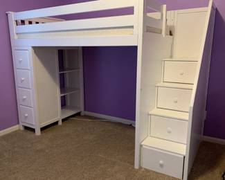 White Loft Bed with Stairs and attached Dresser with Book Case