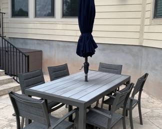 Patio Dining Table with 6 Chairs and Umbrella (Set)