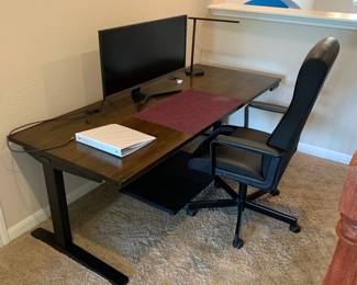Uplift Motorized Standing Desk, Walnut, 72"x30" + 34" Samsung Ultrawide Monitor on Upstairs Desk