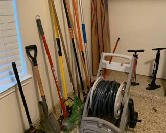 Plenty of yard tools + 100 foot hose on portable hose reel, everything in excellent condition