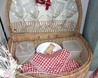 Summer items and decor. Picnic basket