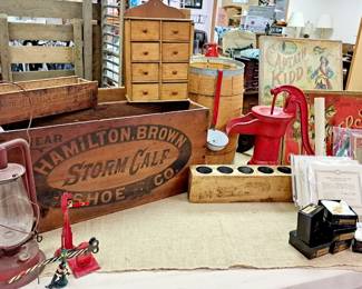 Much primitives, cast iron and rustic metal items. Vintage lantern