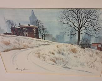 Much, much framed artwork. Frederic James Kansas City skyline "Snow Winter Brick House"