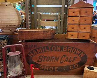 Much primitives and rustic items. "Hamilton.Brown Shoe Co." primitive wood box