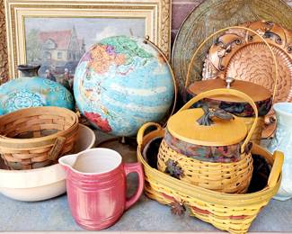 Stoneware and pottery, Longaberger baskets, metal and rustic collectibles
