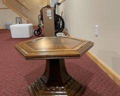 Beautiful salad, wood tables set up three