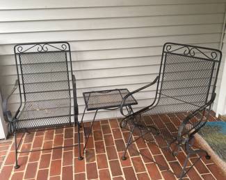 F177 - $125. 2 Iron bouncy chairs and side table. 