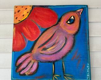 F28 - $125 Klutz - Folk art bird. 20" square Has been hanging outside on covered porch.