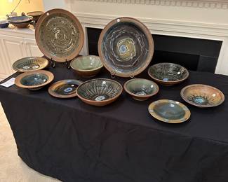 F17 - Rusty Sieck - Chicken Bridge Pottery. Large 17" platters $40 each. Plates and bowls $15-25.
