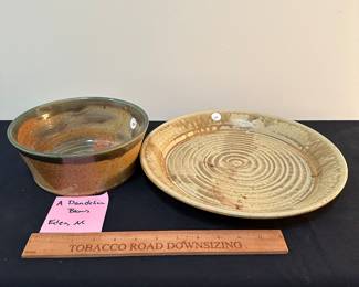 F21 Left  & F22 Right - $20 each - Platter & Serving Bowl. Signed A Dandelion Blows. Eden, NC.
