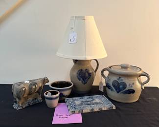 F16 - Rowe Salt Glazed Pottery. Left to right. $20 cow, $6 and $12 small bowls, $40 lamp, $20 wall hanging with cow, $25 lidded crock.