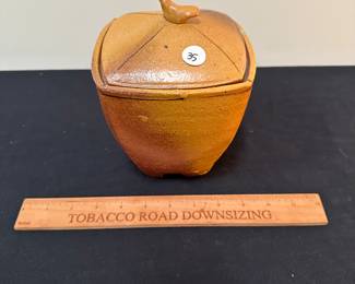 F23 - $35 - Signed square pottery dish with bird on lid