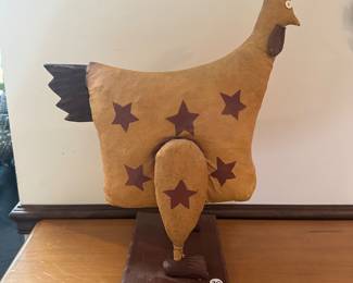 F73 - $30 - Stuffed Folk Art Chicken. Fabric and Wood.