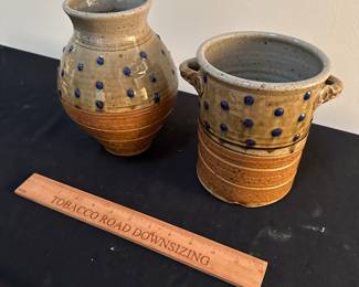 F152 - $30 Vase & $30 Utensil Crock. Rusty Sieck - Chicken Bridge Pottery. 