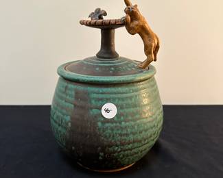 F32 - $40 - Figural Pottery. Signed by "Marsha and Silvan". Lid has cat and bird bath. No issues noted. 
