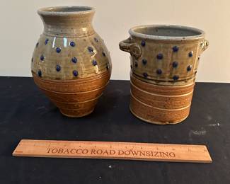 F152 - $30 Vase & $30 Utensil Crock. Rusty Sieck - Chicken Bridge Pottery. 