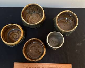 F155 - Small Bowls Left to Right $15, $15, $15, $10, $15. Rusty Sieck - Chicken Bridge Pottery. 