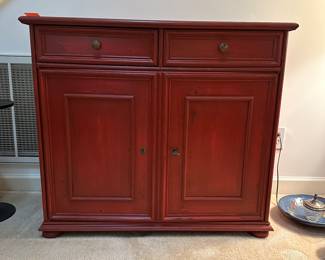 F4 - $60 Red Cabinet - (was used for candle storage so it does have a strong candle smell!) Measures 38.5" wide x 16 deep x 33.5" tall. 