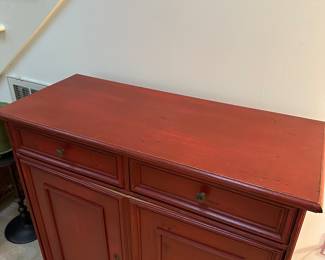 F4 - $60 Red Cabinet - (was used for candle storage so it does have a strong candle smell!) Measures 38.5" wide x 16 deep x 33.5" tall. 