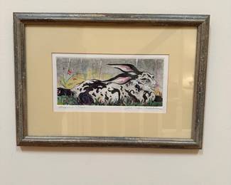 F6 - $85. Marsha Heatwole "Lapin" Rabbit. Hand colored print. #117/200.  Frame measures 11.5" x 17". 