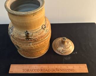 F153 - $40 Lidded Urn with Knob. Rusty Sieck - Chicken Bridge Pottery. 