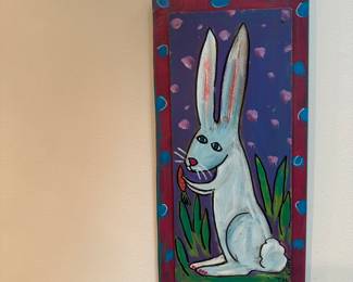 F25 - $75 Klutz - Folk Art Rabbit "don't worry be hoppy". Measures 8x16"