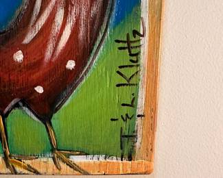 F24 - $75 Klutz Folk Art Rooster. Measures 9x18"
