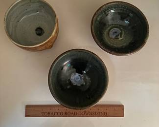 F144 - Left to Right. $15, $20, $15. Rusty Sieck - Chicken Bridge Pottery. 