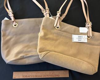 F97 - Left to Right. $65 Michael Kors Medium Tote New with Tags "Dark Dune" $65 Michael Kors Medium Tote Suede "Walnut"