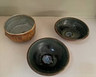 F144 - Left to Right. $15, $20, $15. Rusty Sieck - Chicken Bridge Pottery. 