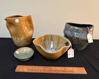 F38 - Meta Moore. Left to right. $20 Pinched pitcher, $3 small dish, $15 serving bowl, $15 blue vessel. 