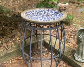 F161 - $10. Metal Stand has some rust. $30 Blue & White Bird Bath with Concrete Bird. 