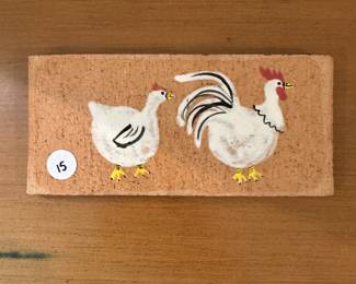 F83 - $15 Small signed Chicken wall hanging - pottery. 