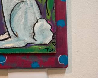 F25 - $75 Klutz - Folk Art Rabbit "don't worry be hoppy". Measures 8x16"