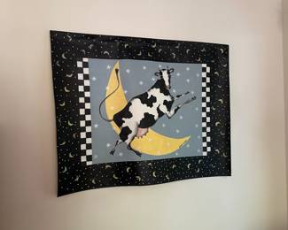 F180 - $30. Painted Canvas Wall Hanging. Cow Jumping Over the Moon. 