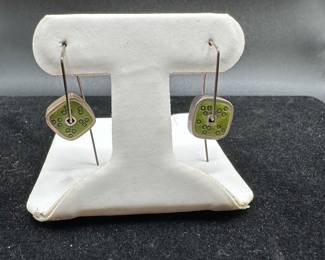 J64 - $20 Sterling Earrings with green pottery centers. Hangs 1" down. 