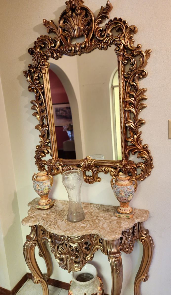 Ornate Gold Gilded Entry Table with Marble Top and Matching Mirror