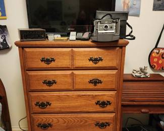 Solid Oak Dresser - TV - Vintage Polaroid Camera