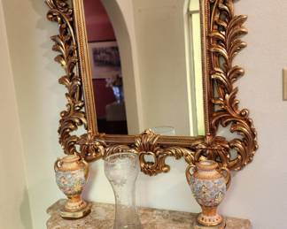 Ornate Gold Gilded Entry Table with Marble Top and Matching Mirror