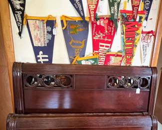 Vintage pennants and nice solid wood head and foot board