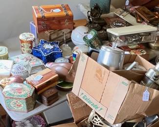 Boxes, wooden, tin, glass and percolators, among other things