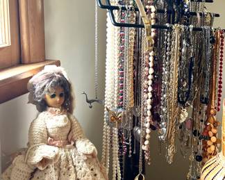 Lovely doll with crocheted outfit, beads and pearls